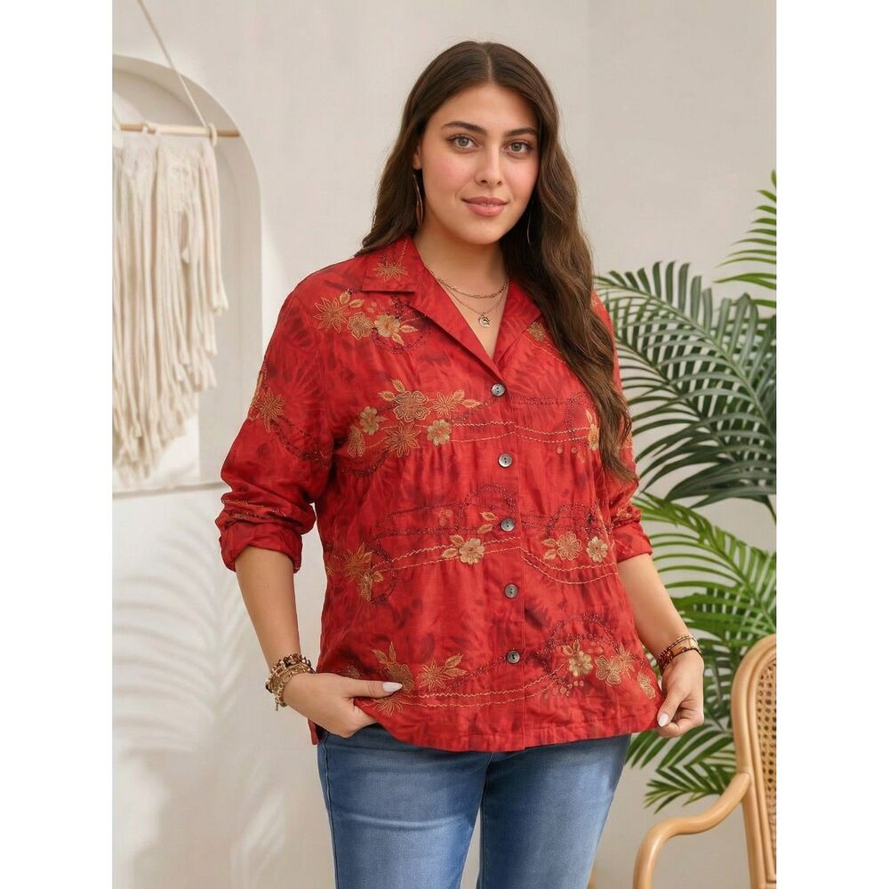 Vintage Y2K Chico's Design Red 100% Silk Embroidered Jacket Size 1 Button Front